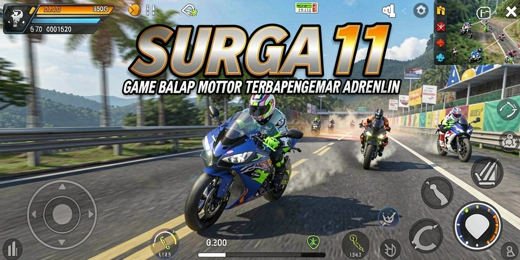 Screenshot SURGA11 menampilkan balapan motor yang mendebarkan.