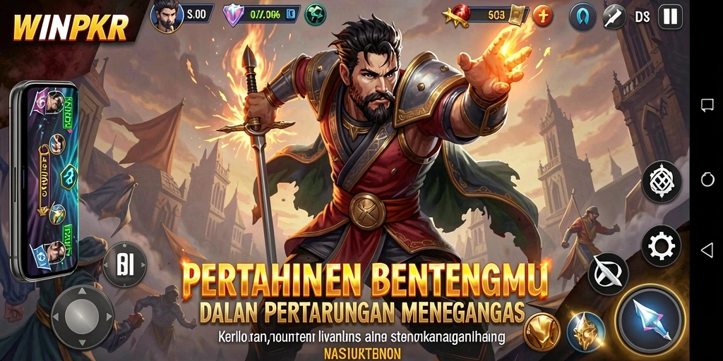 Screenshot gameplay WINPKR menampilkan pertempuran menegangkan dalam Tower Defense.